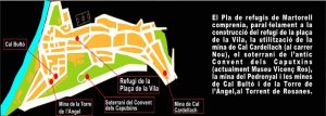 Mapa del barri de la Vila on es veu marcada la situació dels diferents refugis. Font: Exposició virtual CEM